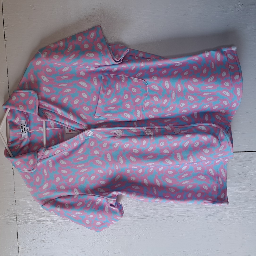Frankie's Bikinis Coco Terry Button Up Short Sleeve Top Daisy Dream SZ M